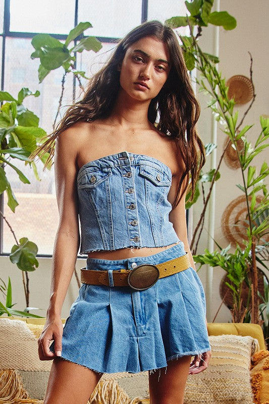 Pleated Denim Mini Skirt - Blue