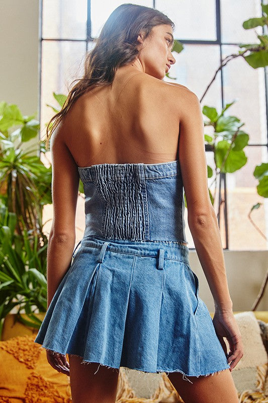 Pleated Denim Mini Skirt - Blue