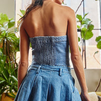 Pleated Denim Mini Skirt - Blue