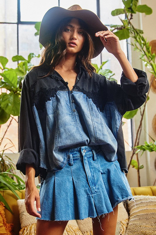 Pleated Denim Mini Skirt - Blue