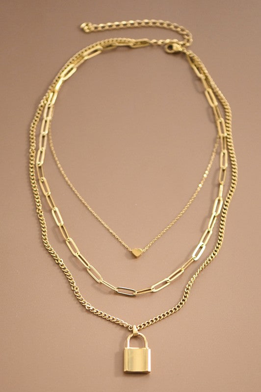 Gold Layered Lock and Heart Necklace Set
