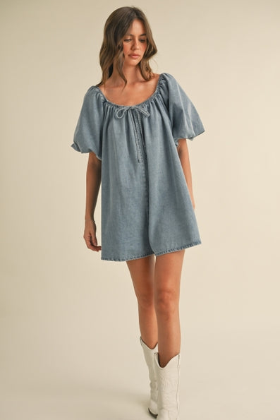 Puff Sleeve Babydoll Denim Romper