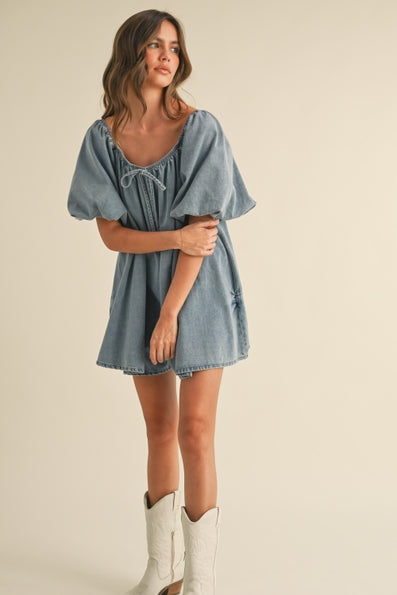 Puff Sleeve Babydoll Denim Romper