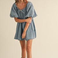 Puff Sleeve Babydoll Denim Romper