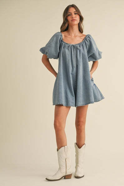 Puff Sleeve Babydoll Denim Romper