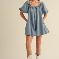 Puff Sleeve Babydoll Denim Romper