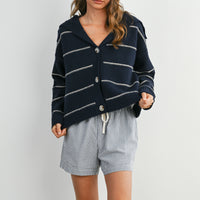 Stripe Button-Up Knit Collared Top