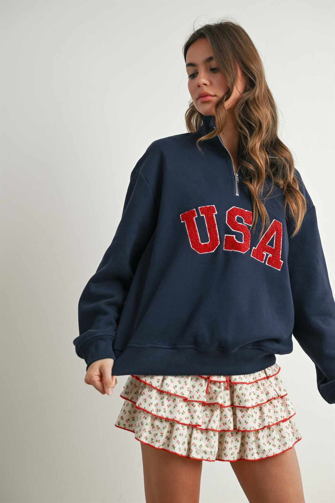 USA Chenille Patch Half-Zip Pullover Sweatshirt