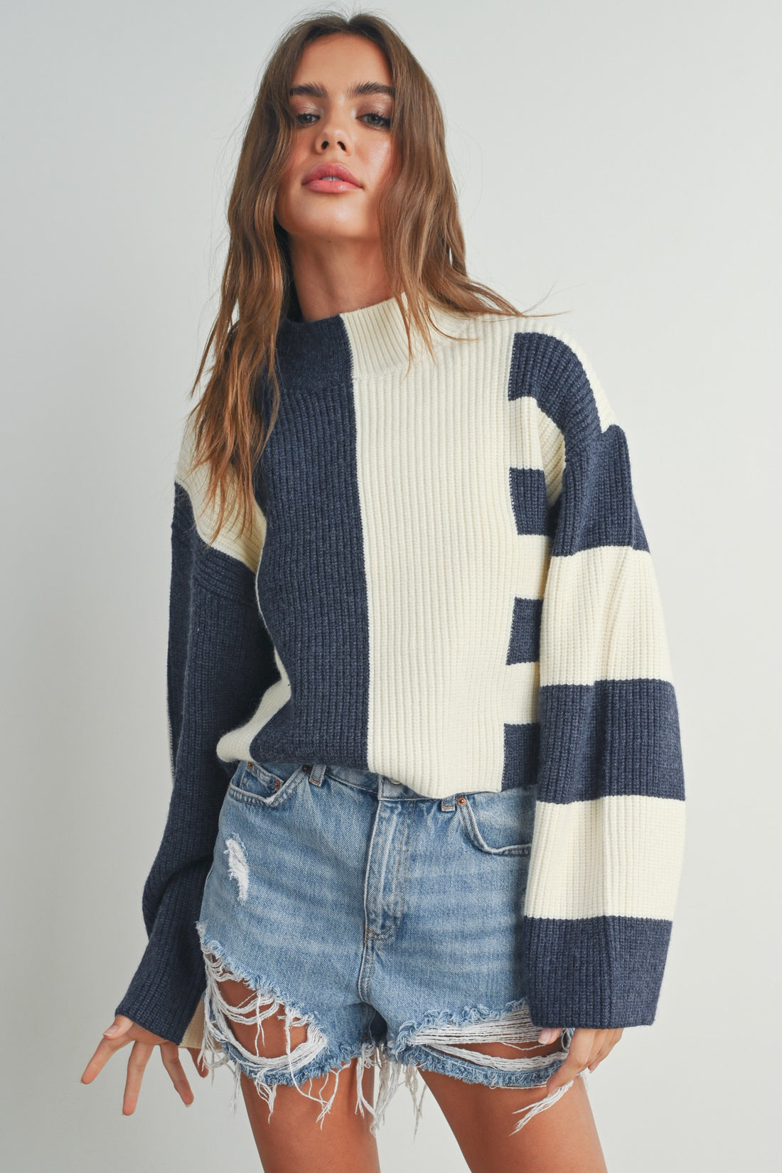 Color Block Mock Neck Sweater