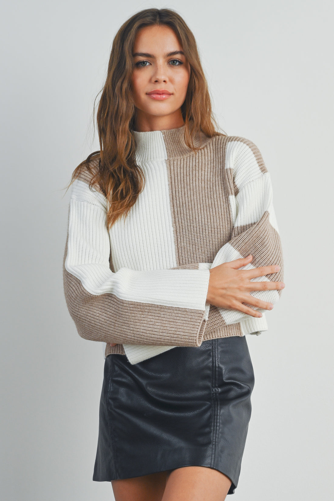 Color Block Mock Neck Sweater