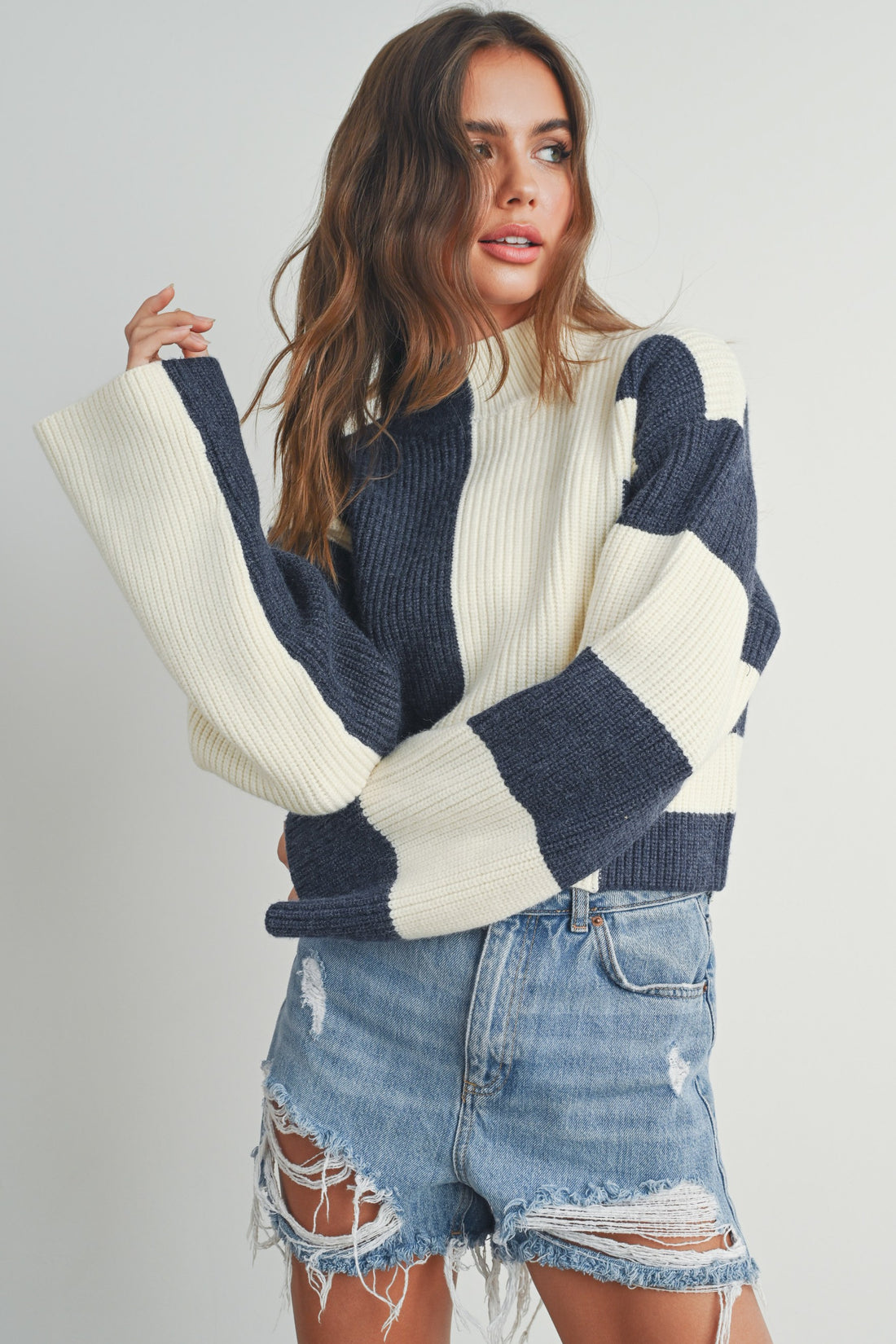 Color Block Mock Neck Sweater