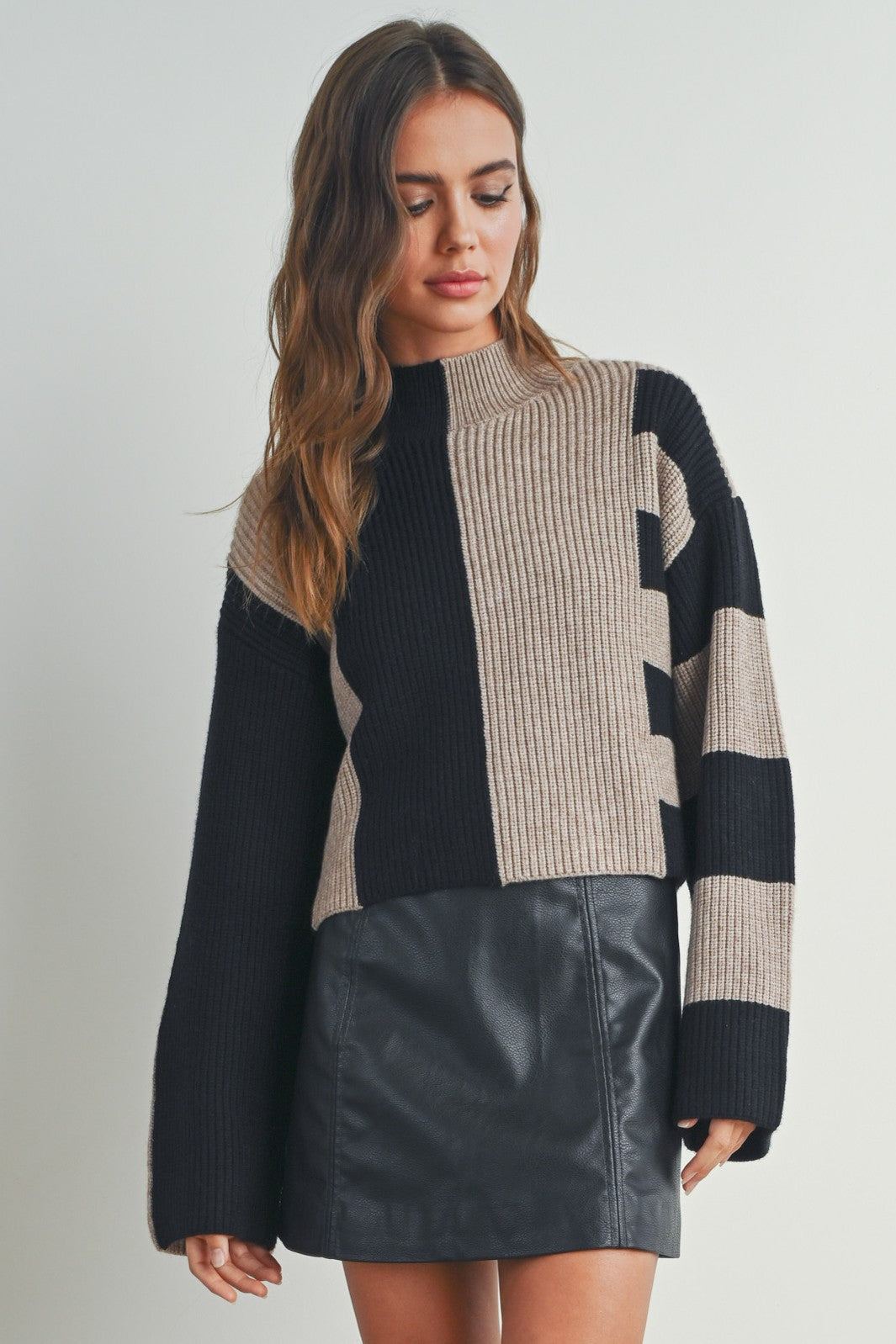 Color Block Mock Neck Sweater