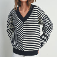 Checker V neck Cozy Sweater