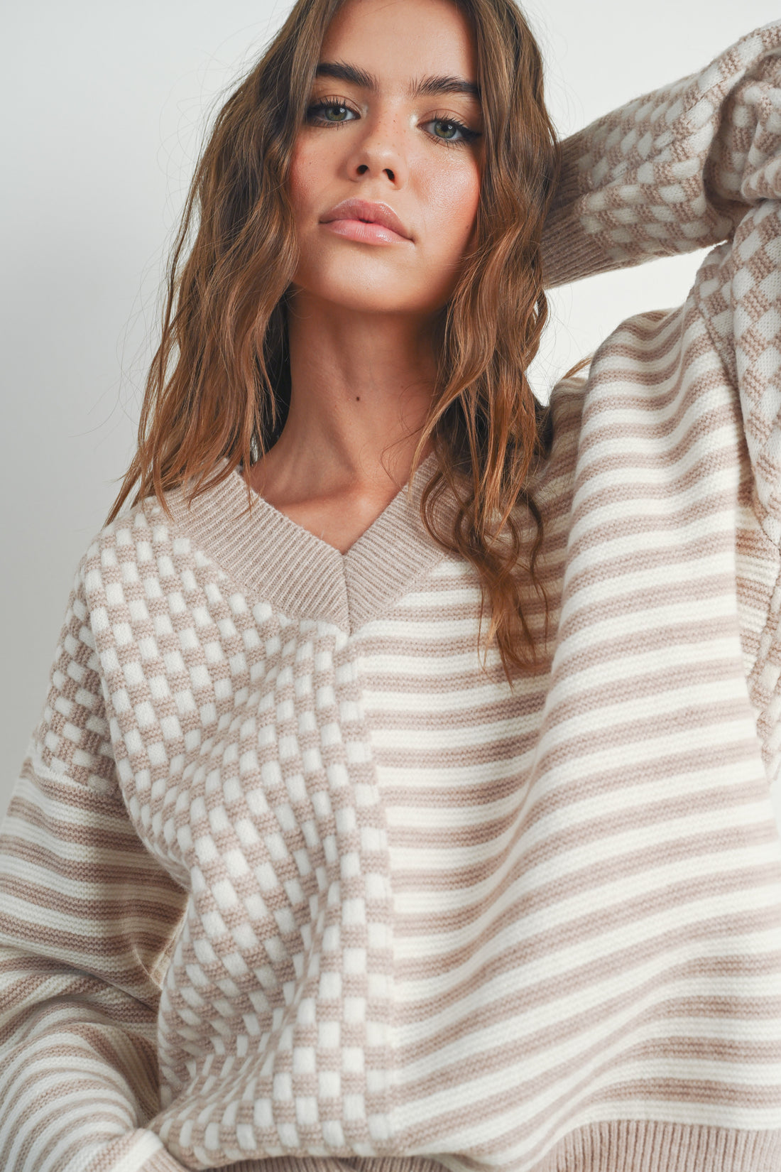 Checker V neck Cozy Sweater