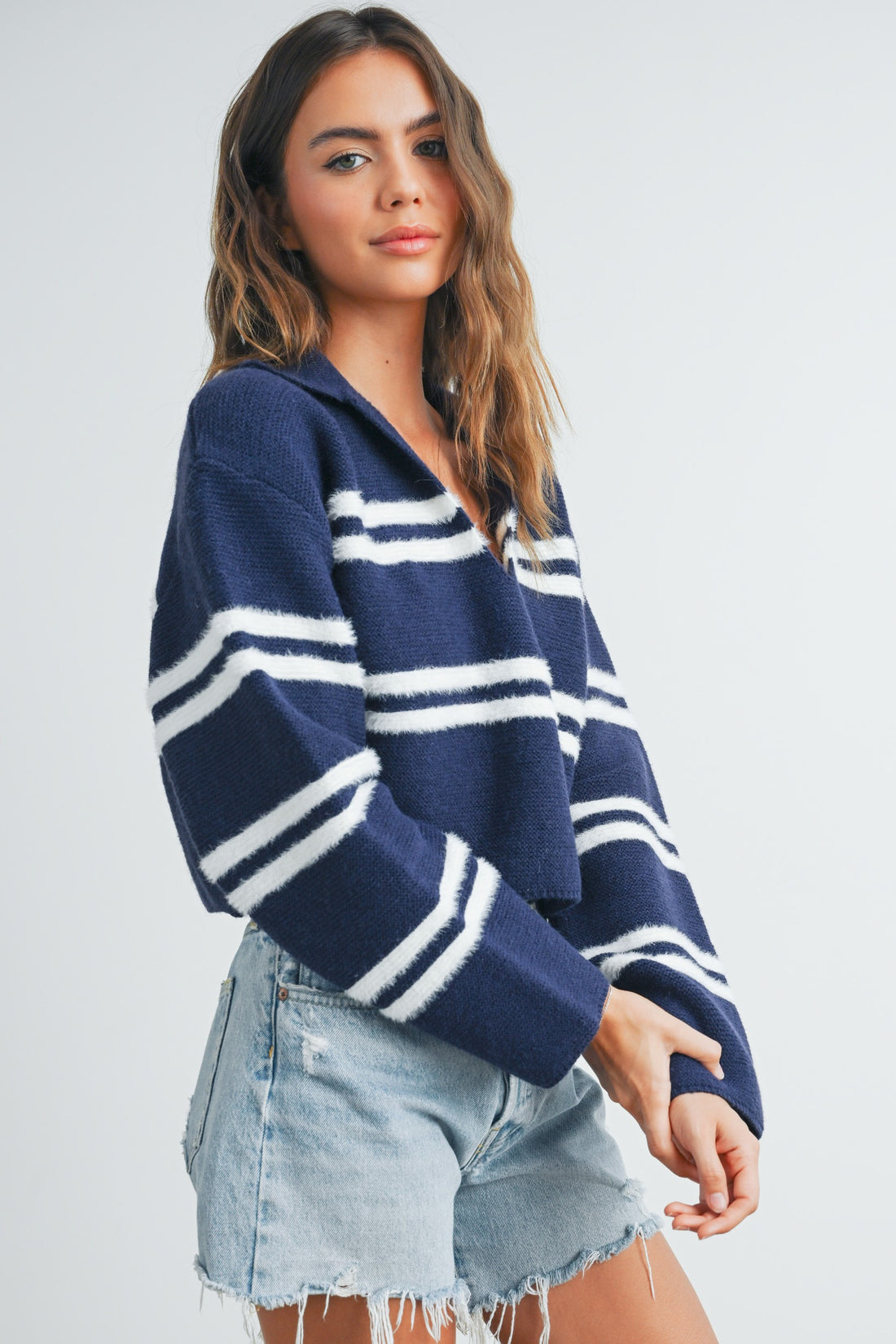 Stripe Cozy Collared Crop Sweater