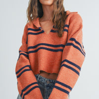 Stripe Cozy Collared Crop Sweater
