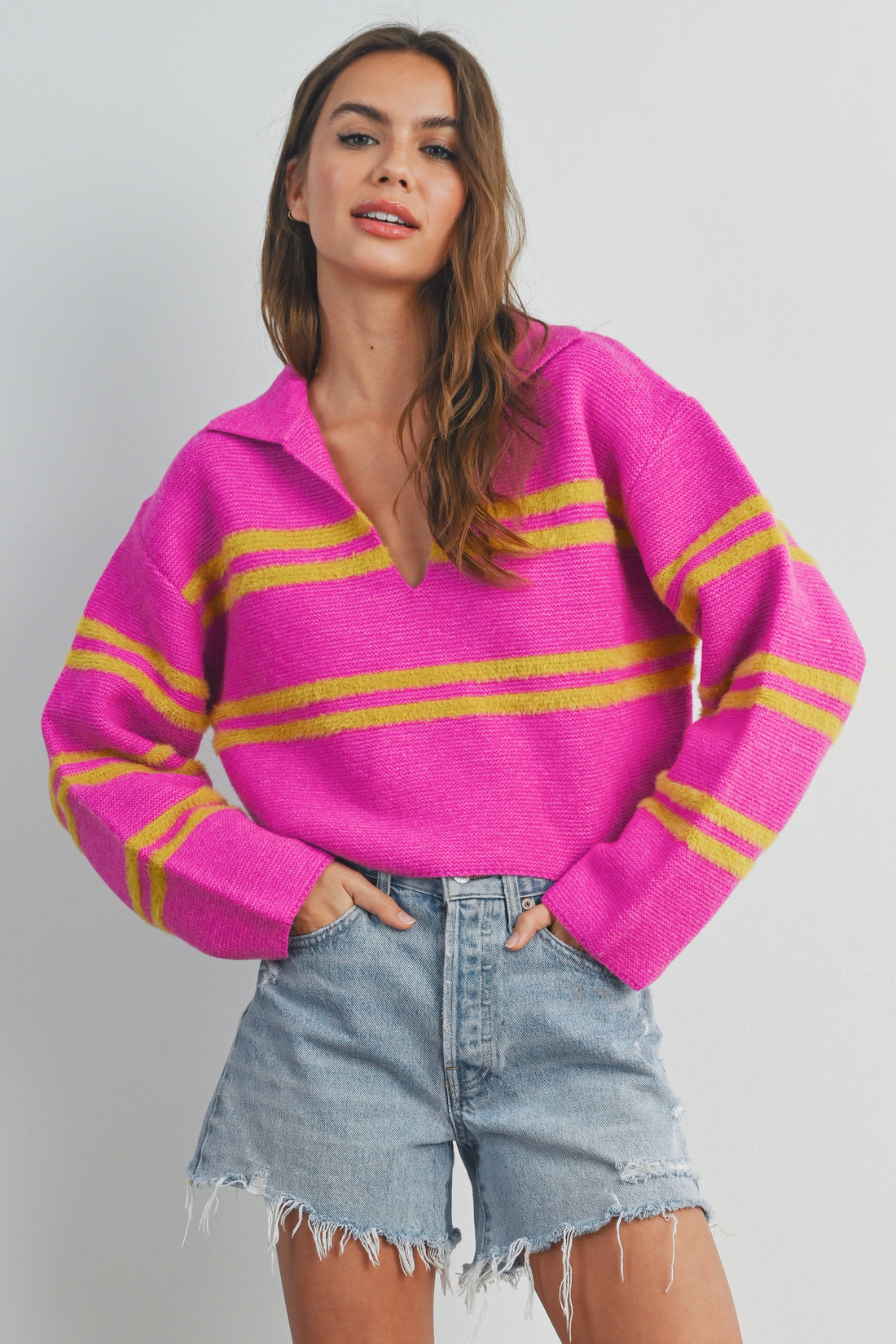 Stripe Cozy Collared Crop Sweater
