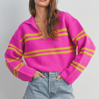 Stripe Cozy Collared Crop Sweater