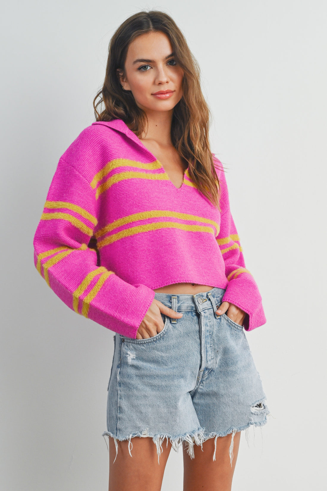 Stripe Cozy Collared Crop Sweater