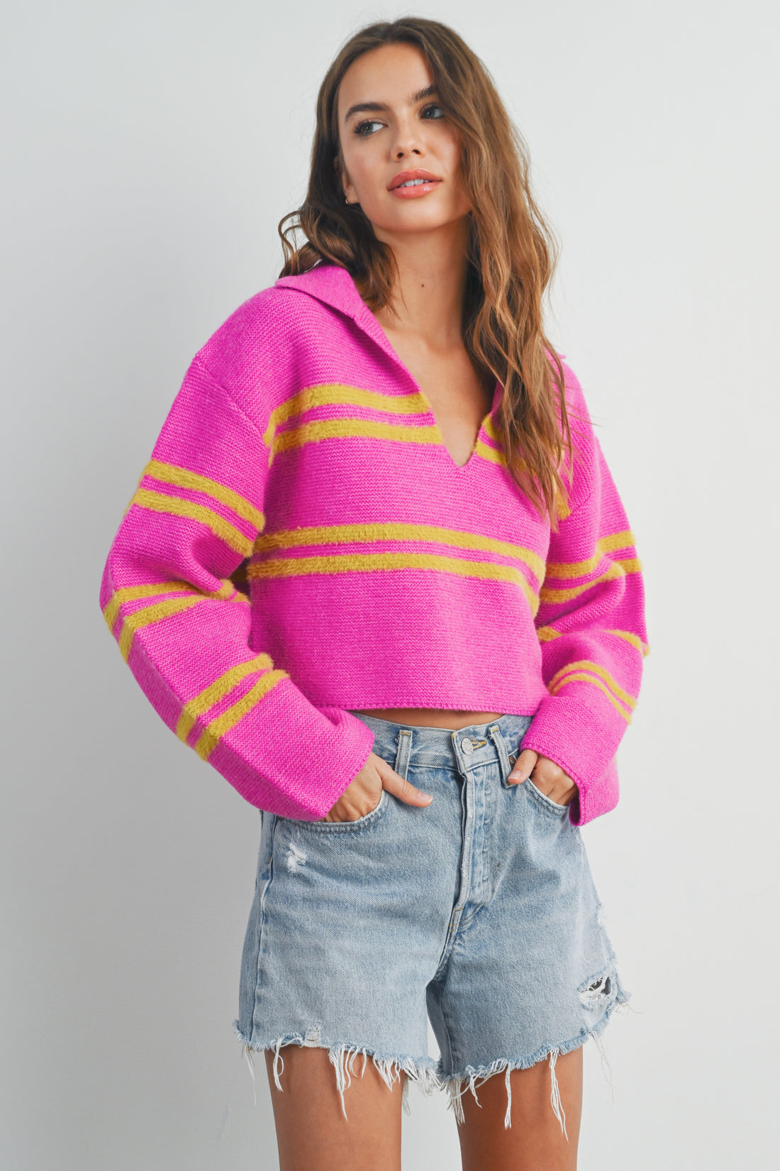 Stripe Cozy Collared Crop Sweater