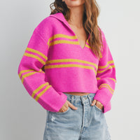 Stripe Cozy Collared Crop Sweater
