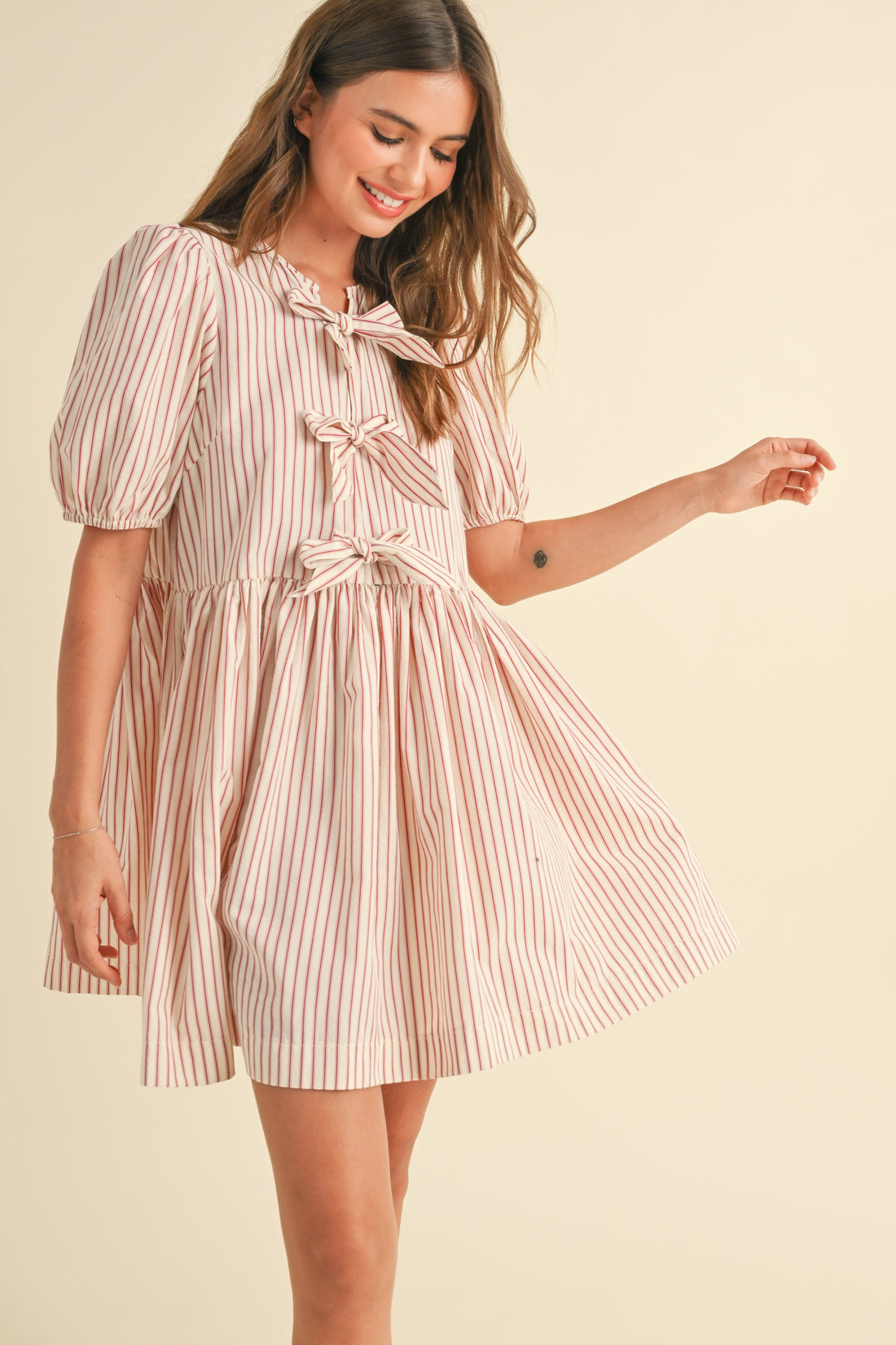 Cute Bow Tie Front Striped Mini Dress
