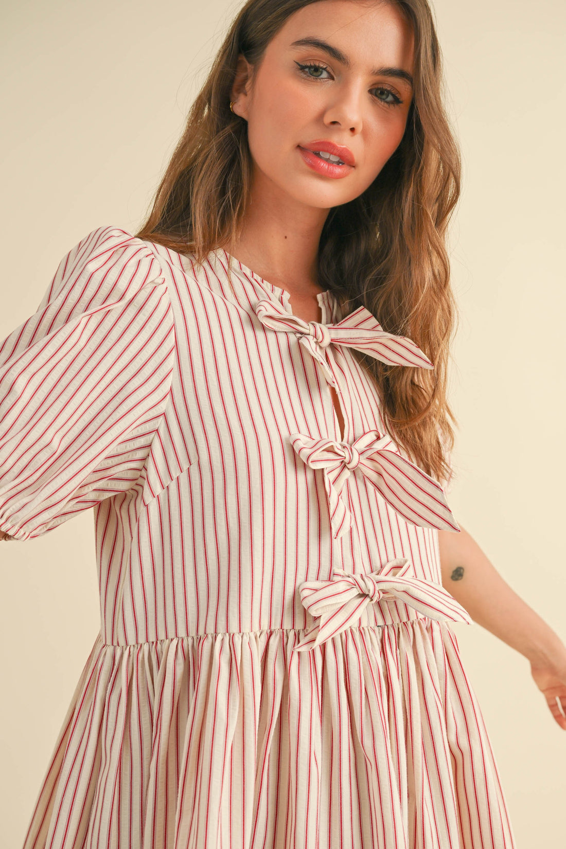 Cute Bow Tie Front Striped Mini Dress