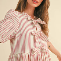 Cute Bow Tie Front Striped Mini Dress