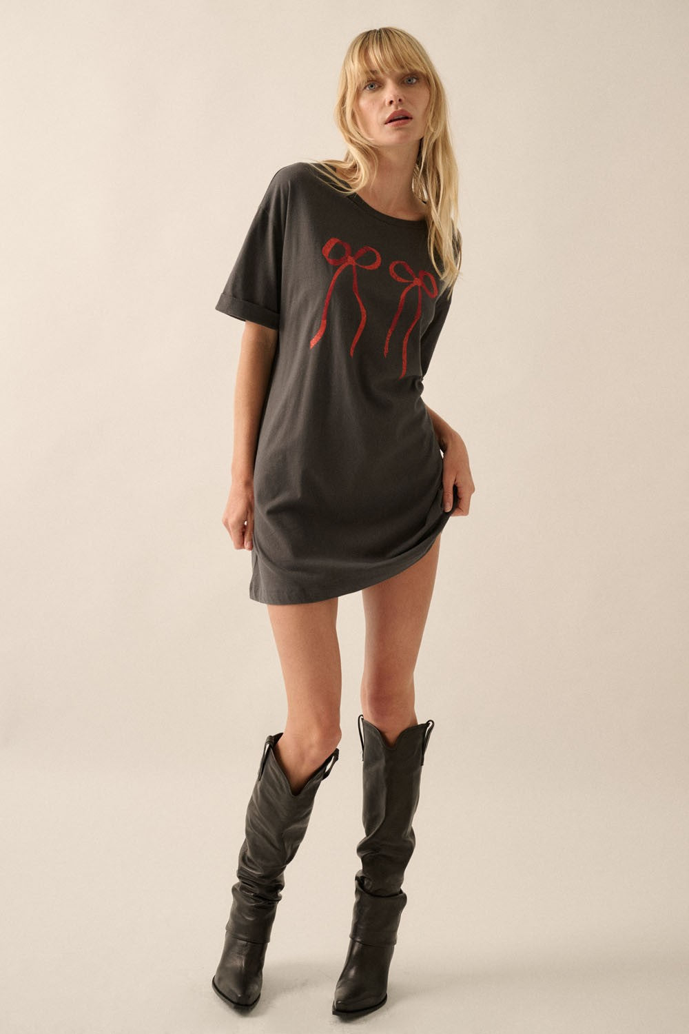 Bow Print Vintage Wash Graphic Tee Dress