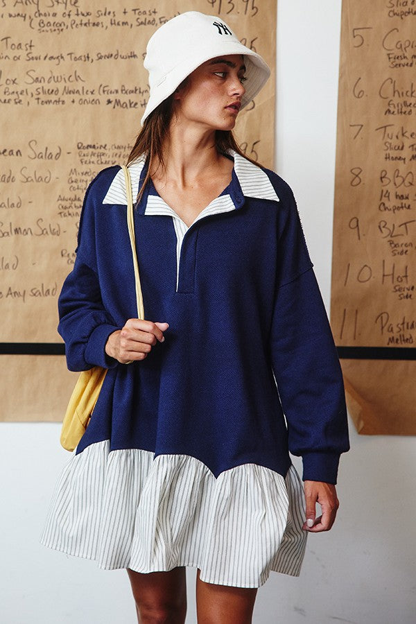 Stripe Contrast Detail Collared Mini T-shirt Dress