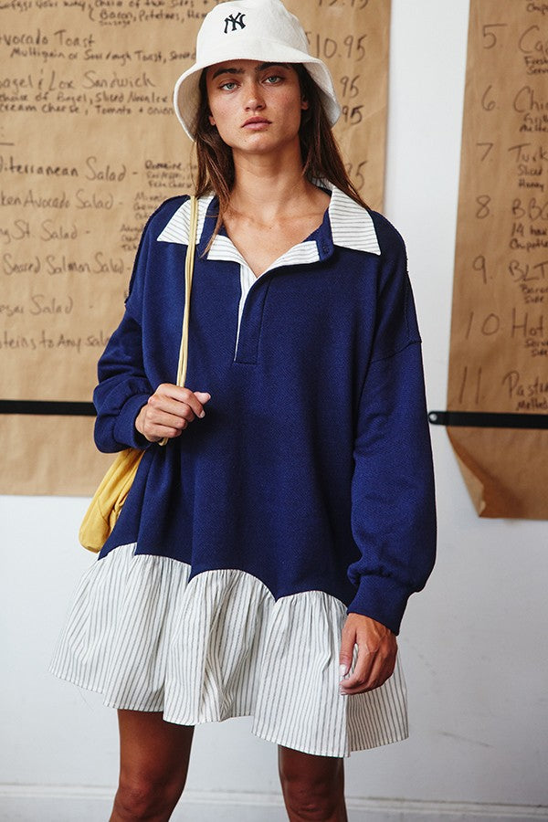 Stripe Contrast Detail Collared Mini T-shirt Dress