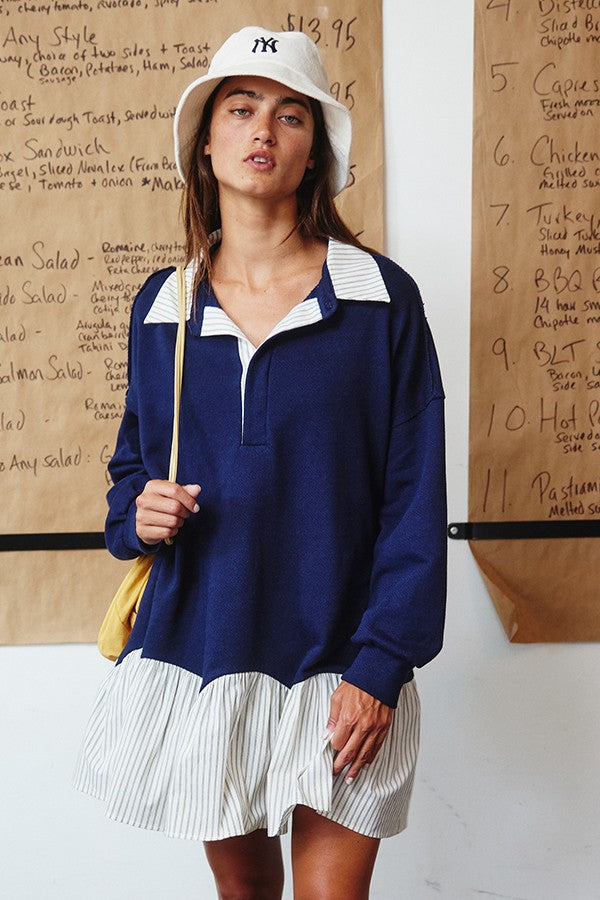 Stripe Contrast Detail Collared Mini T-shirt Dress