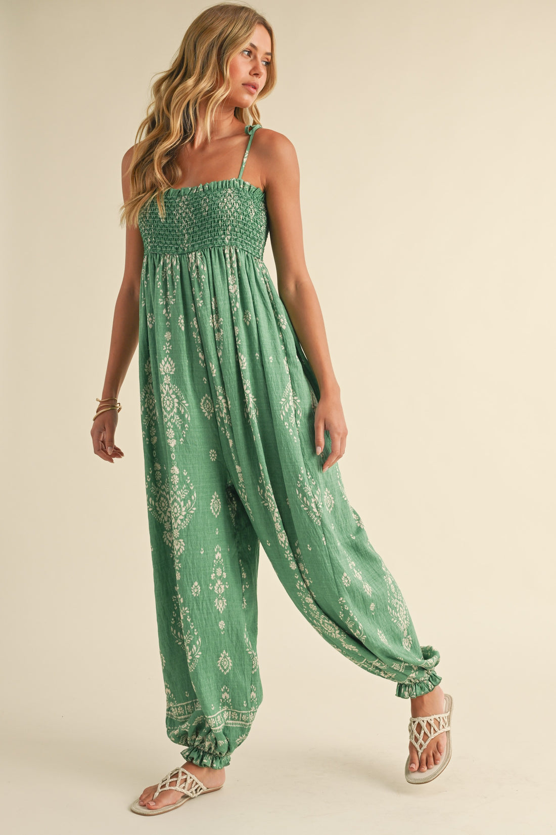 Smocked Strap Tie Wide Leg Boho Jumpsuit