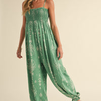 Smocked Strap Tie Wide Leg Boho Jumpsuit