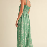 Smocked Strap Tie Wide Leg Boho Jumpsuit