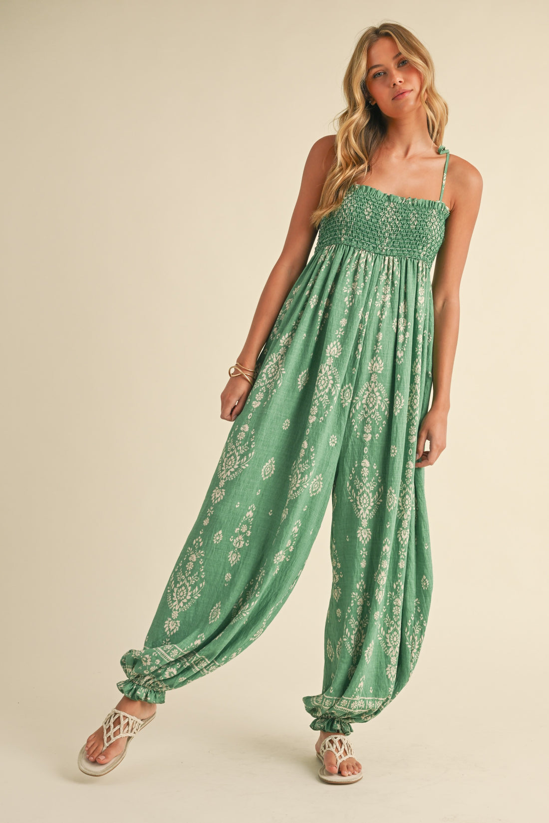 Smocked Strap Tie Wide Leg Boho Jumpsuit