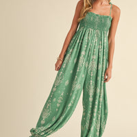 Smocked Strap Tie Wide Leg Boho Jumpsuit