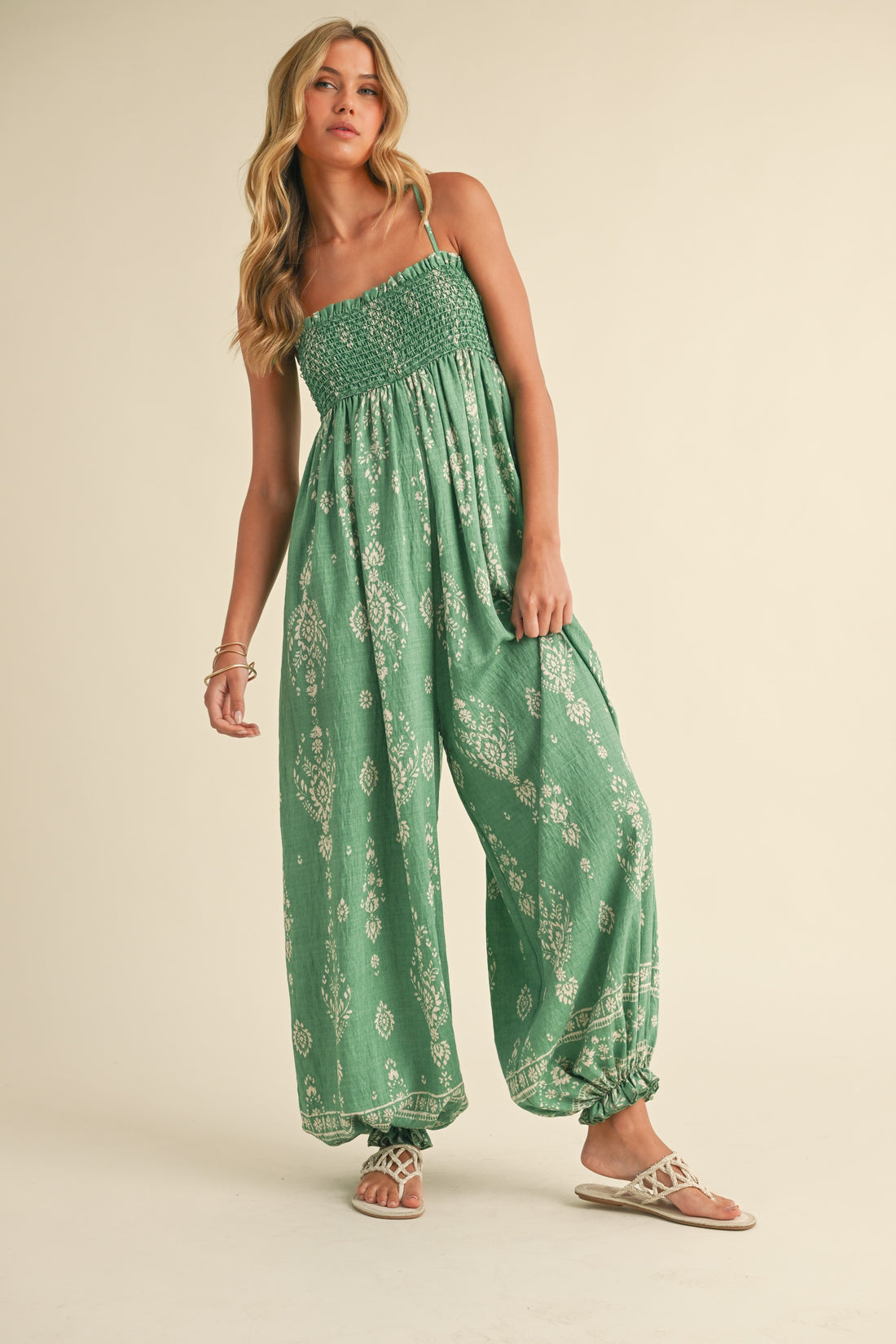 Smocked Strap Tie Wide Leg Boho Jumpsuit