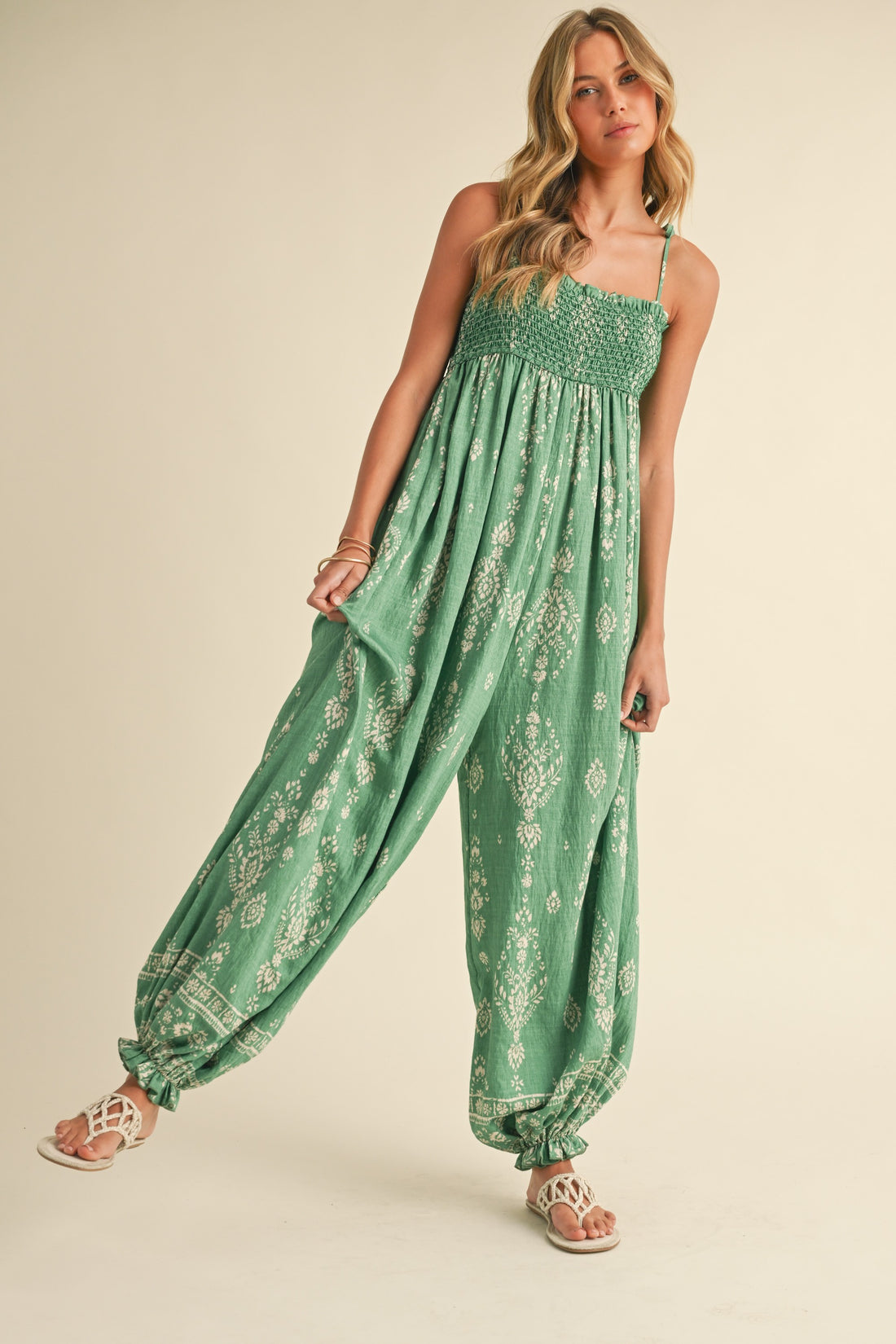 Smocked Strap Tie Wide Leg Boho Jumpsuit