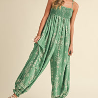 Smocked Strap Tie Wide Leg Boho Jumpsuit