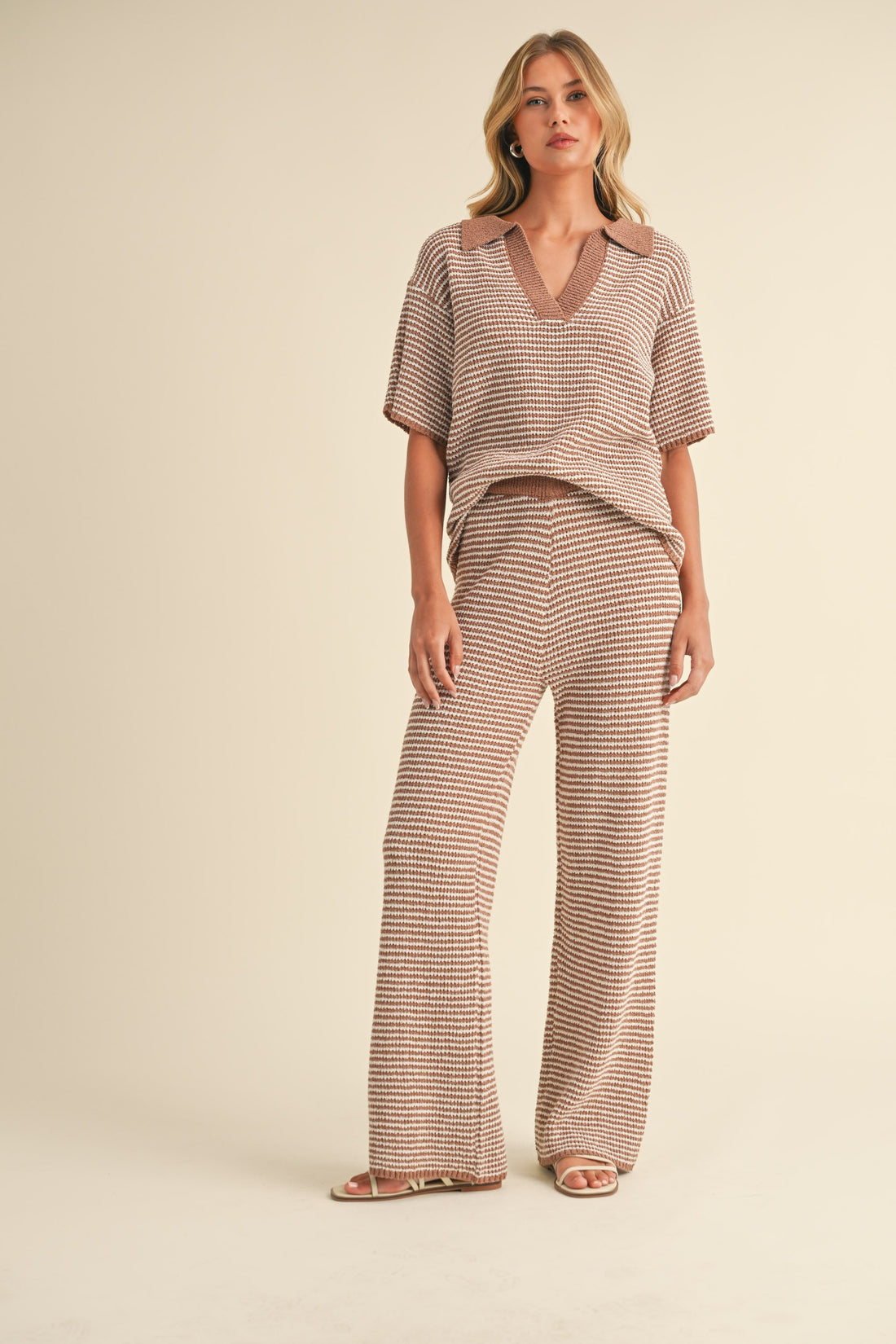 Striped Collared Knit Top & Wide Pants Set