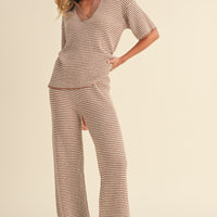 Striped Collared Knit Top & Wide Pants Set