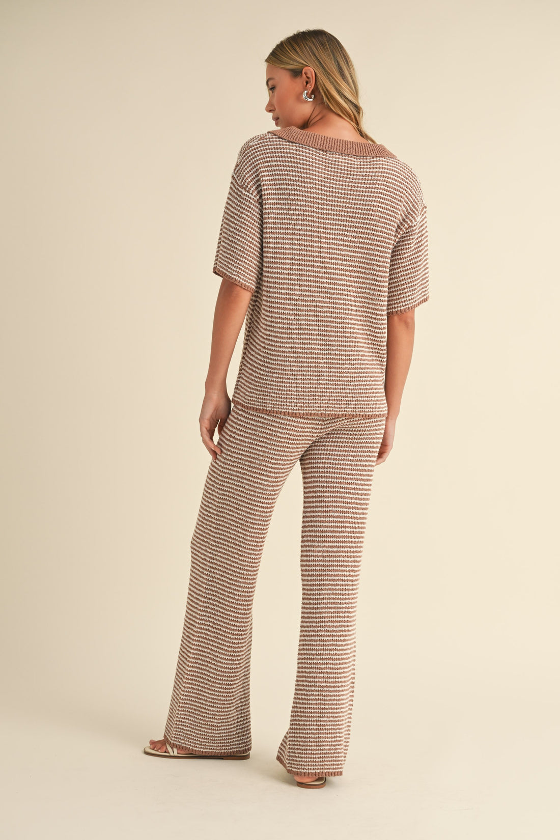 Striped Collared Knit Top & Wide Pants Set