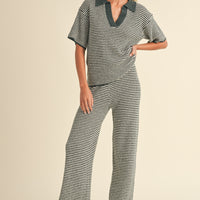 Striped Collared Knit Top & Wide Pants Set