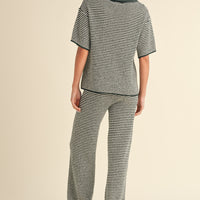 Striped Collared Knit Top & Wide Pants Set
