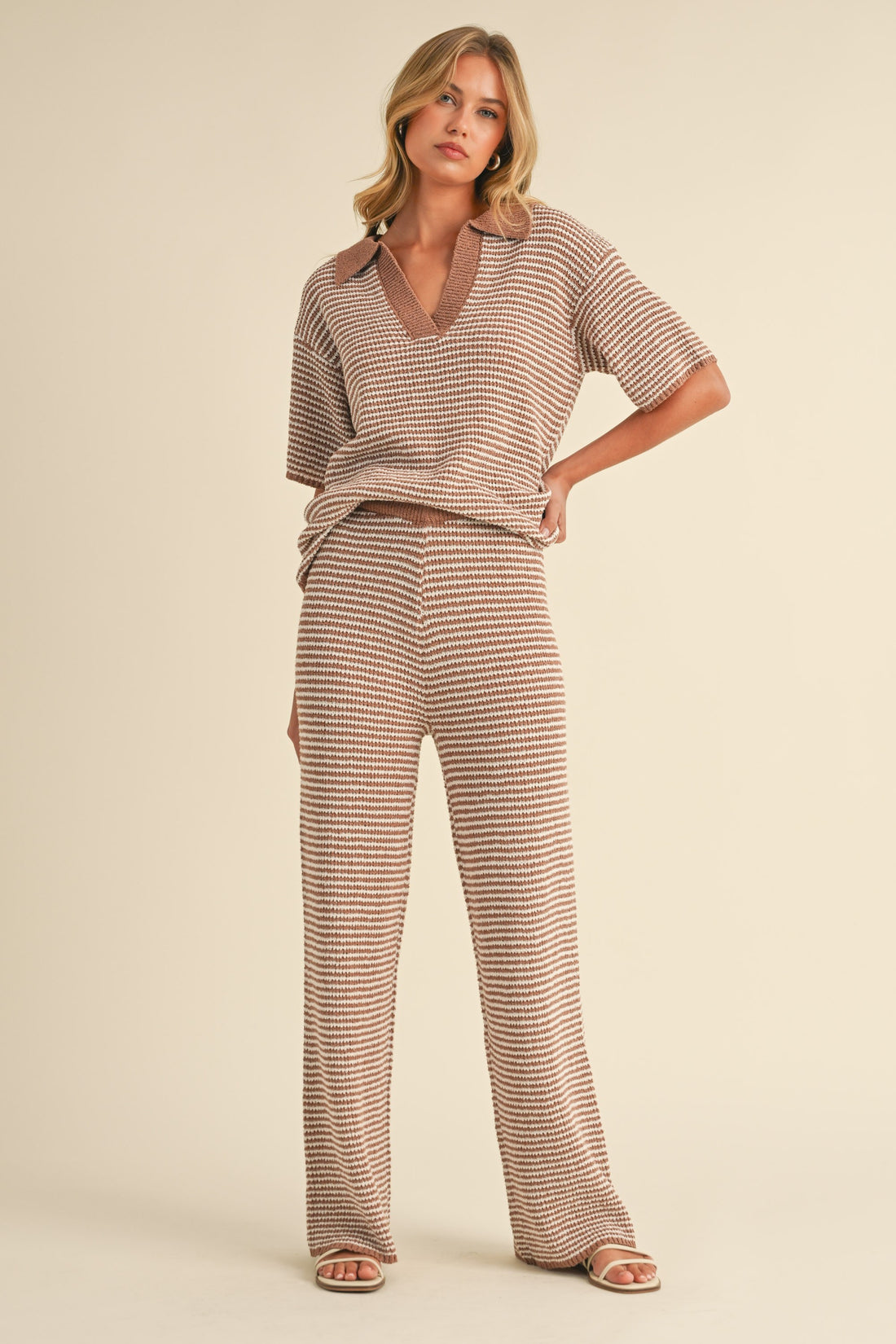 Striped Collared Knit Top & Wide Pants Set