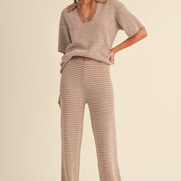 Striped Collared Knit Top & Wide Pants Set