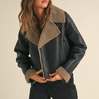 Faux Leather Sherpa Collar Jacket