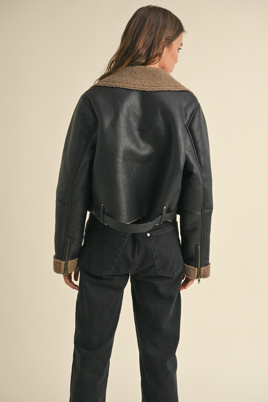 Faux Leather Sherpa Collar Jacket