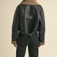 Faux Leather Sherpa Collar Jacket
